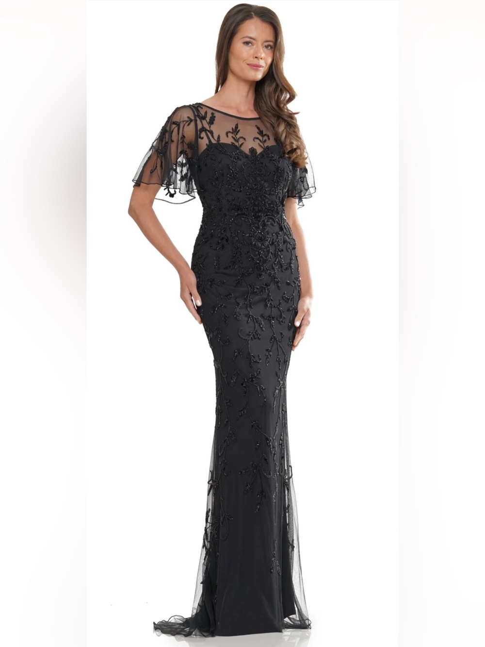 Black Beaded Mermaid Maxi Dress with Sheer Embroidered Capelet